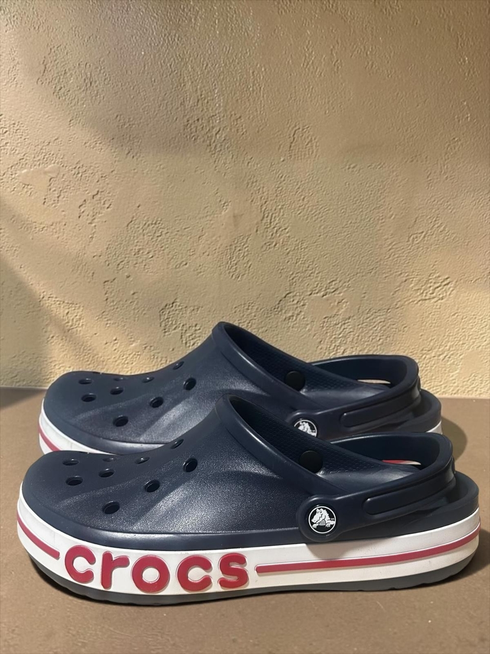 CROCS Mens Navy Clog with Red and White Midsole Trim